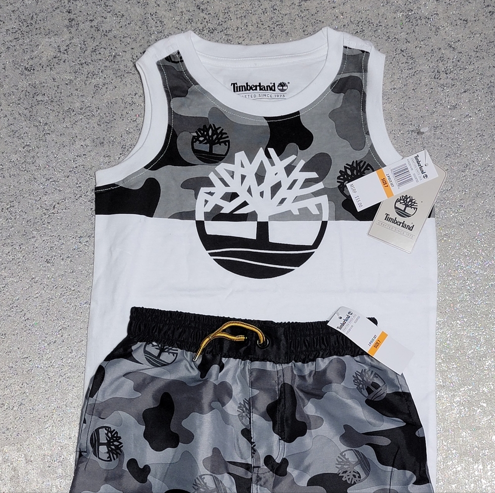 🤍🖤NEW Timberland White Sleeveless Shirt and Swim Shorts Boy's Size 7